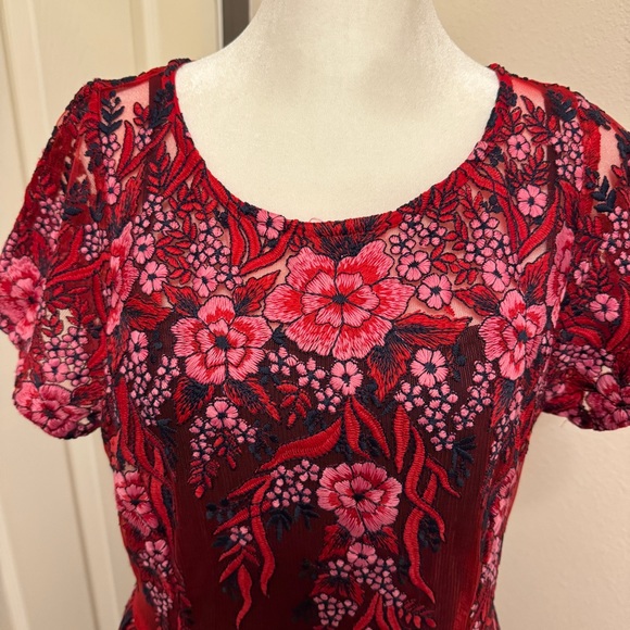 Eva Franco Short Sleeve Midi Pink and Red Flower Embroidered Dress - Picture 4 of 7